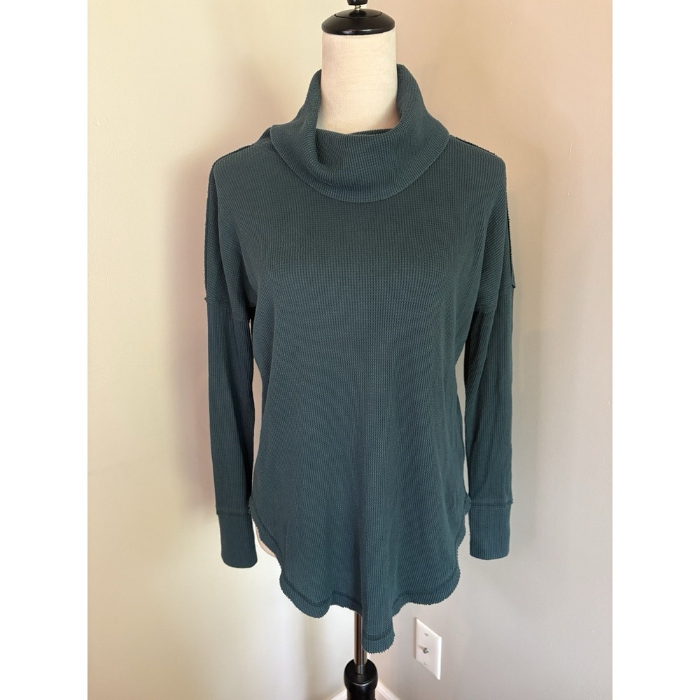 Maeve Anthropologie Ainsley Thermal Cowl Neck Waffle Top Dk Teal Forest Green XS